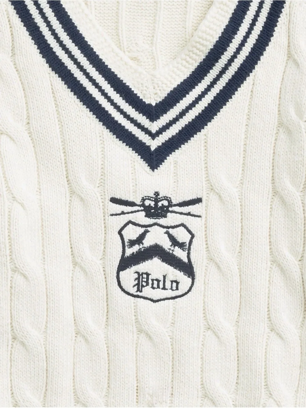 Polo by Ralph Lauren White Cable-Knit V-Neck Sweater with Navy Trim